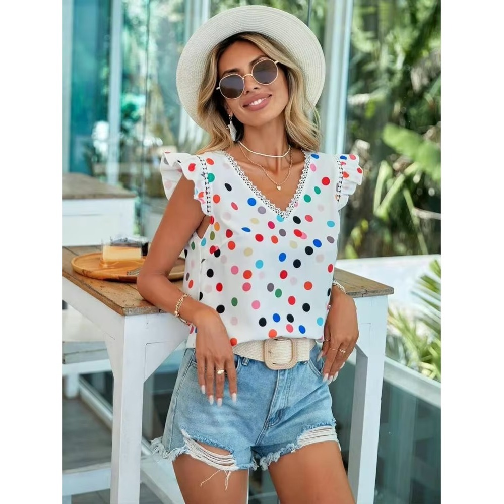 Shein Womens Polka Dot Flutter Sleeve Lace V-Neck Blouse White Multi M 6